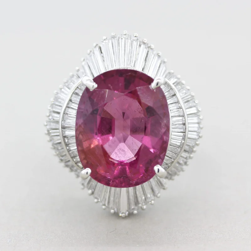 Light filigree rings-Large Pink Tourmaline Diamond Platinum Cocktail Ring