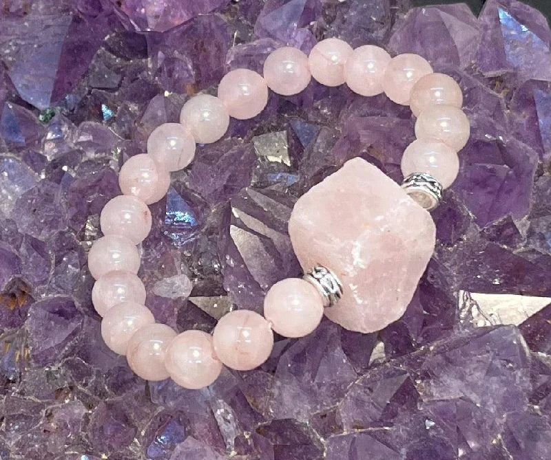 Pink quartz bangles-8mm Rose Quartz with Rough Rose Quartz Stretchy Bracelet