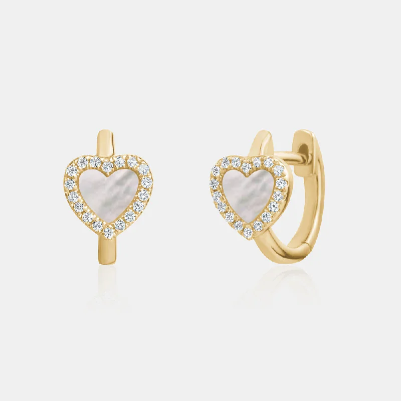 Topaz gem earrings-Diamond Mother of Pearl Heart Huggies