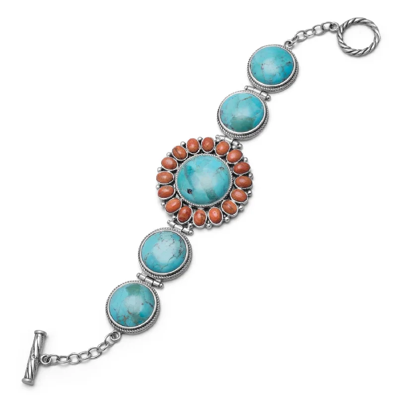 Fox charm bangles-7.5" Reconstituted Turquoise and Coral Sunburst Toggle Bracelet