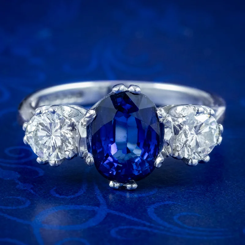 Flow style rings-Edwardian Style Sapphire Diamond Trilogy Ring 2ct Sapphire