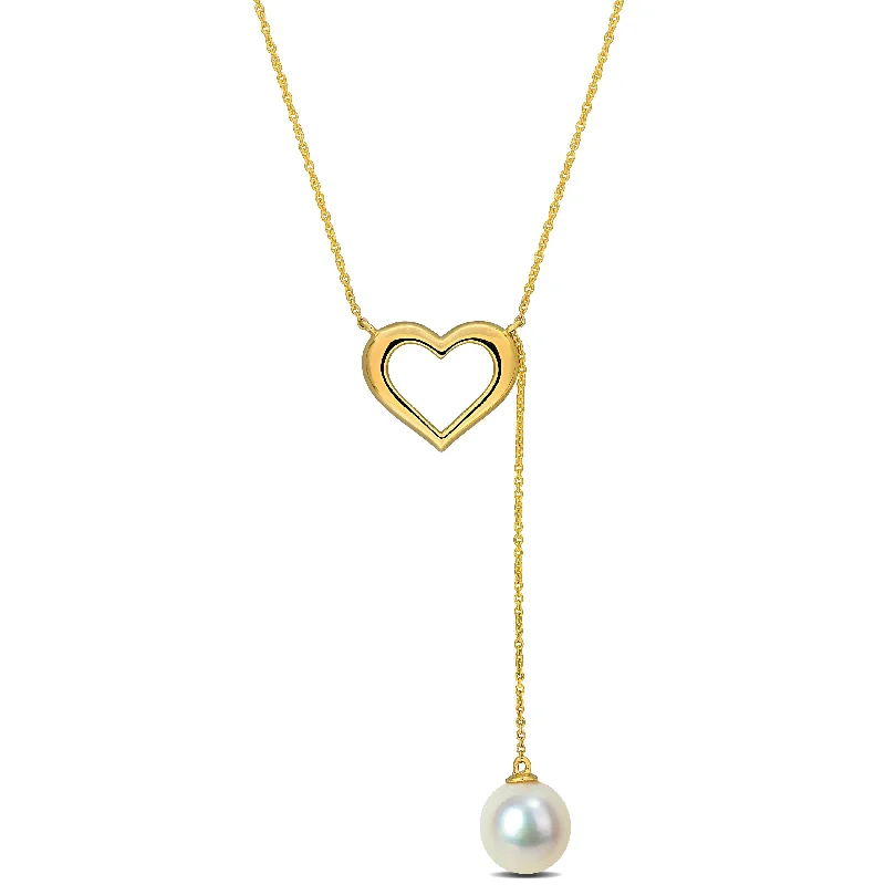 Wide chain necklaces-Miadora 8-8.5mm Cultured Freshwater Pearl Heart Lariat Necklace in 10k Yellow Gold - 17+1 in